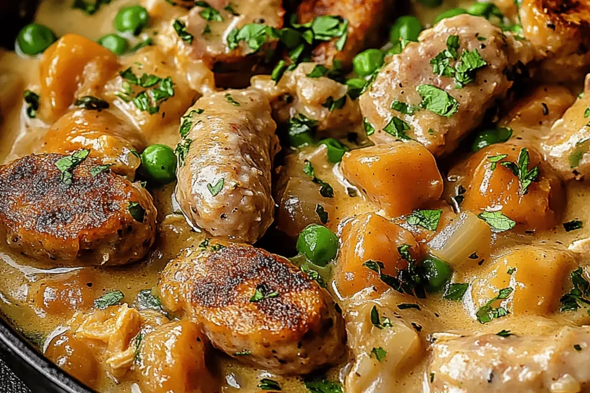 A colorful skillet dish featuring sliced golden-brown chicken sausage, bell peppers, and onions.