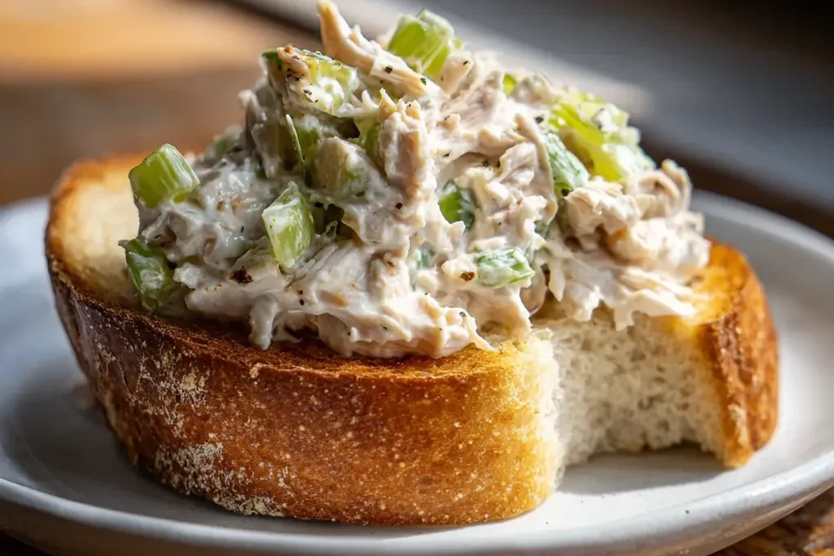 A bowl of shredded chicken salad with celery and herbs, presented on a rustic wooden table.