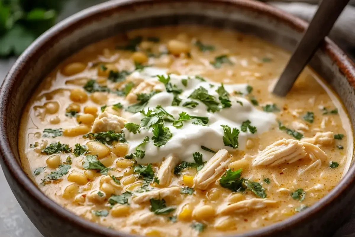 A steaming bowl of creamy white chicken chili topped with avocado, cilantro, and lime, served with a side of golden cornbread