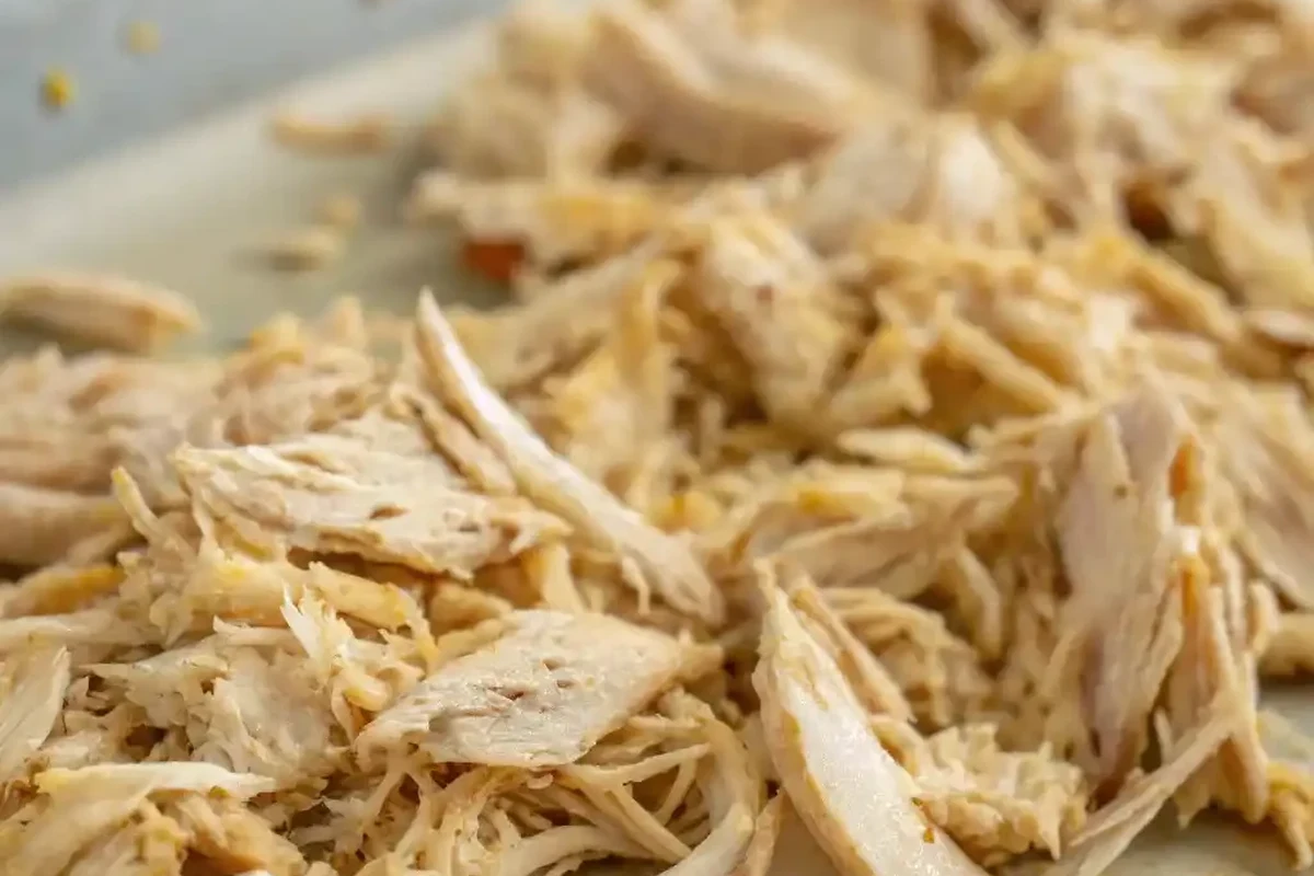 A tray of perfectly roasted, golden-brown shredded chicken ready for meal prep.