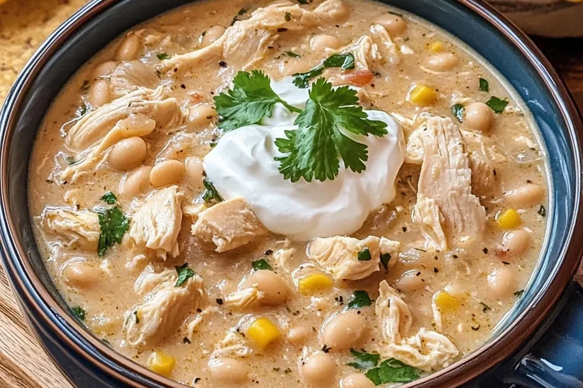 Sides for White Chicken Chili 1 A steaming bowl of white chicken chili topped with avocado and cilantro, served with a side of golden cornbread and lime wedg