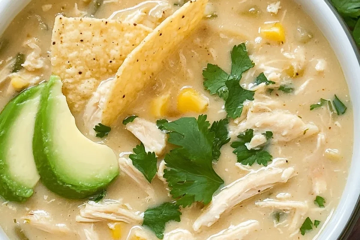 Sides for White Chicken Chili 2 A steaming bowl of white chicken chili topped with avocado and cilantro, served with a side of golden cornbread and lime wedg