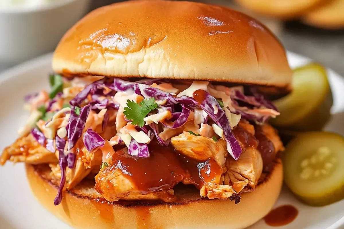A vibrant, crunchy cabbage slaw topped with fresh herbs, served on a rustic wooden table next to a pulled pork BBQ sandwich.
