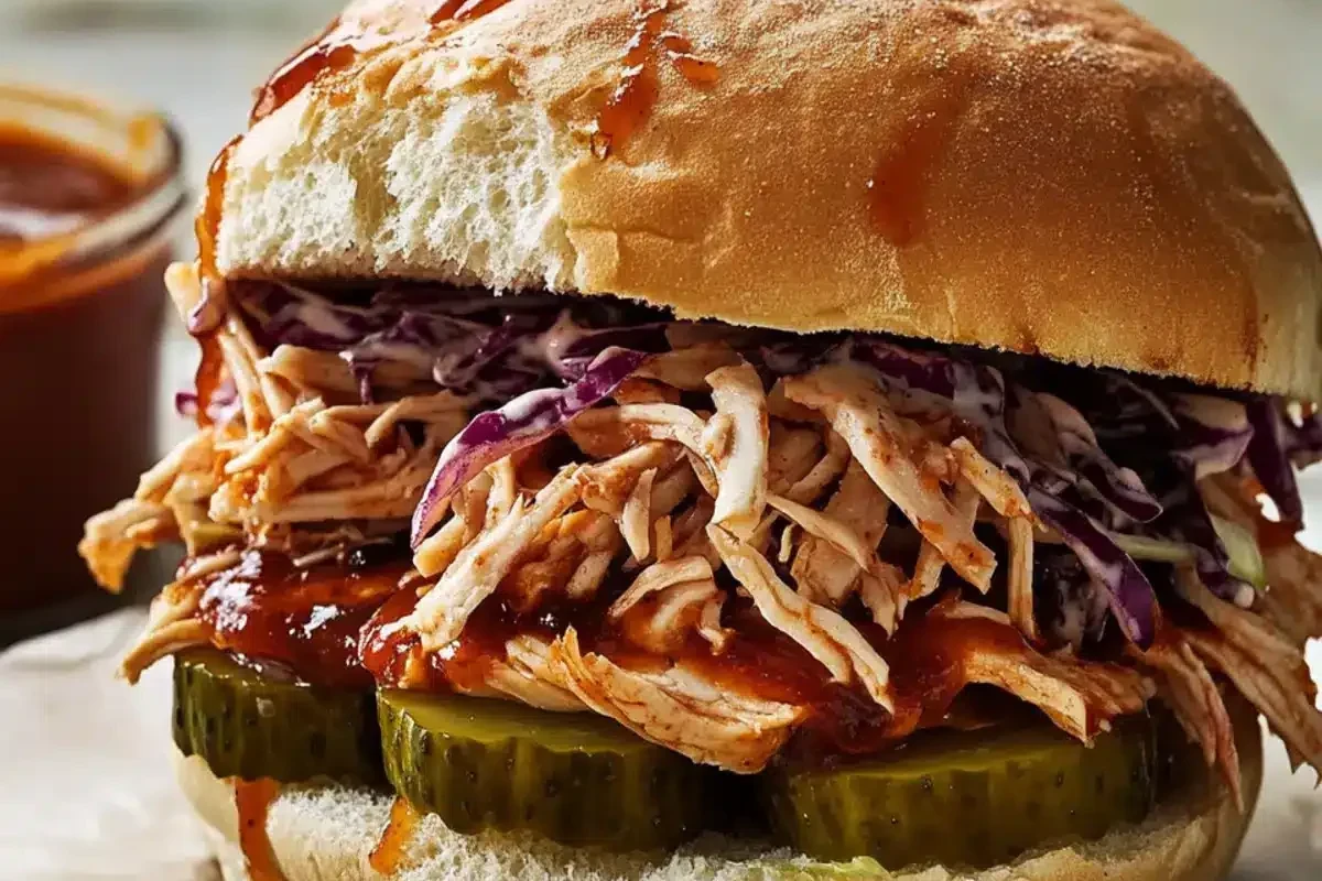 A vibrant, crunchy cabbage slaw topped with fresh herbs, served on a rustic wooden table next to a pulled pork BBQ sandwich.