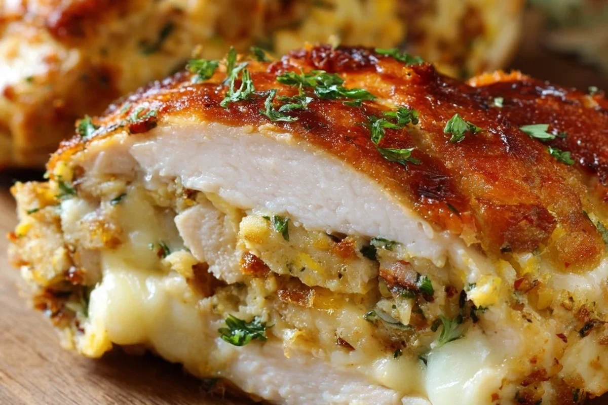 A golden-brown stuffed chicken breast cooked in a skillet with herbs and melted cheese visible.