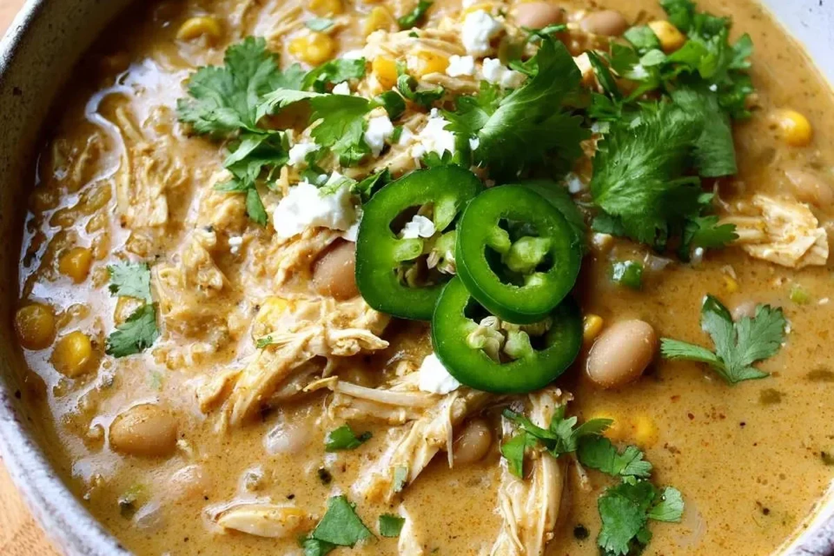 A bowl of creamy, dairy-free white chicken chili garnished with fresh cilantro and avocado.