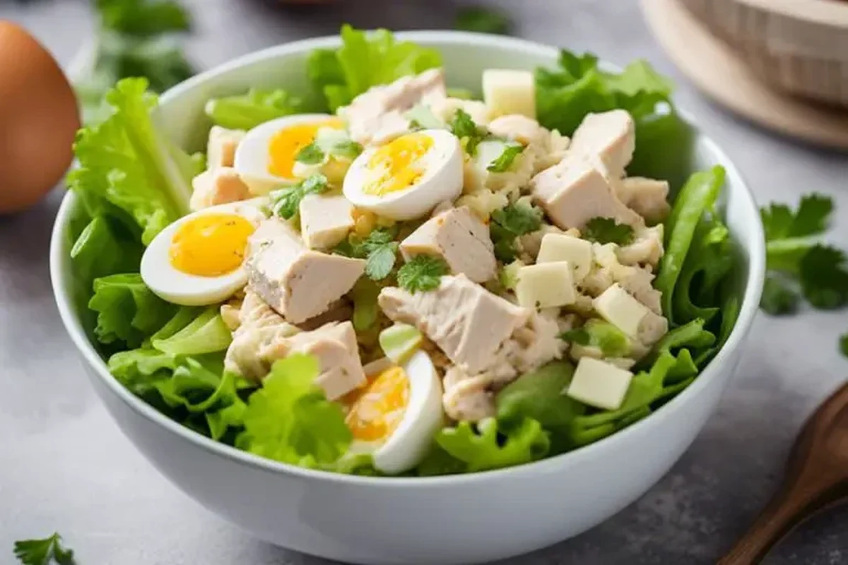 A bowl of creamy chicken salad with diced hard-boiled eggs, celery, and fresh herbs on a rustic wooden table.