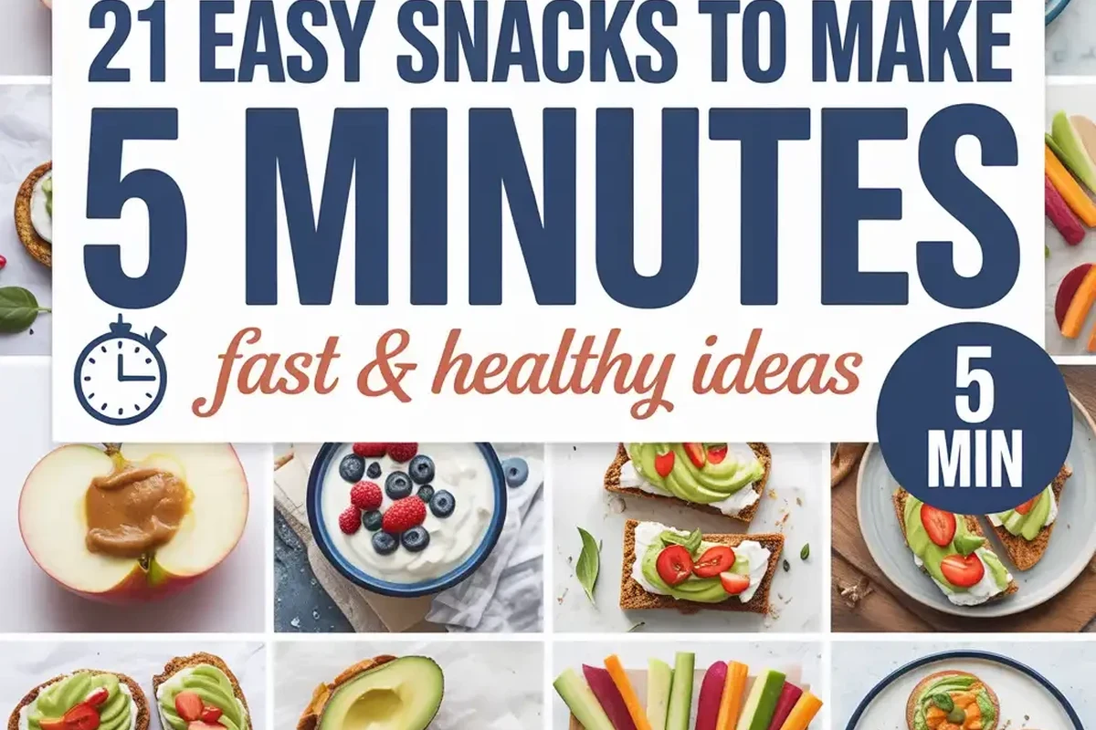 Assorted easy 5-minute snacks with fruit, toast, crackers, and dip on a kitchen counter