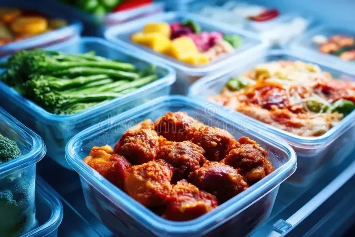 Fridge Snacks 1 Assorted fridge snacks in containers with fruit, eggs, yogurt, and vegetables