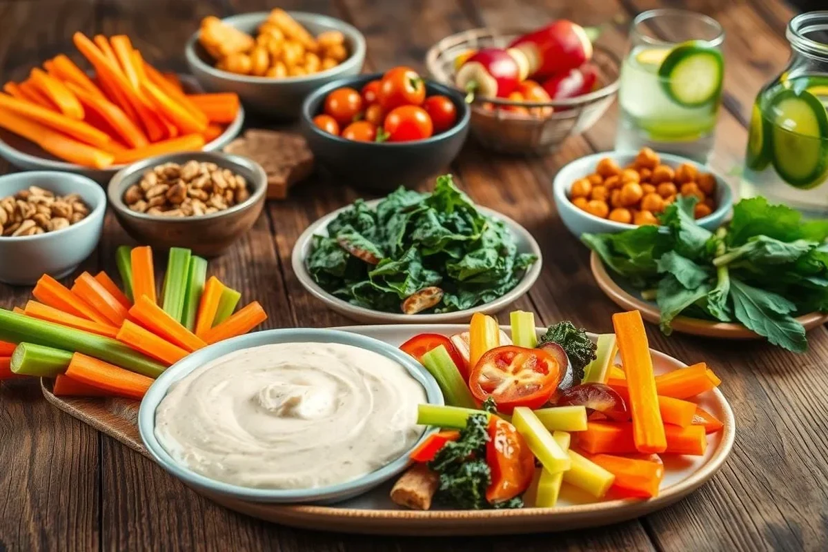 Assorted healthy party snacks with grilled bites, fruit, vegetables, and dip on a serving tray