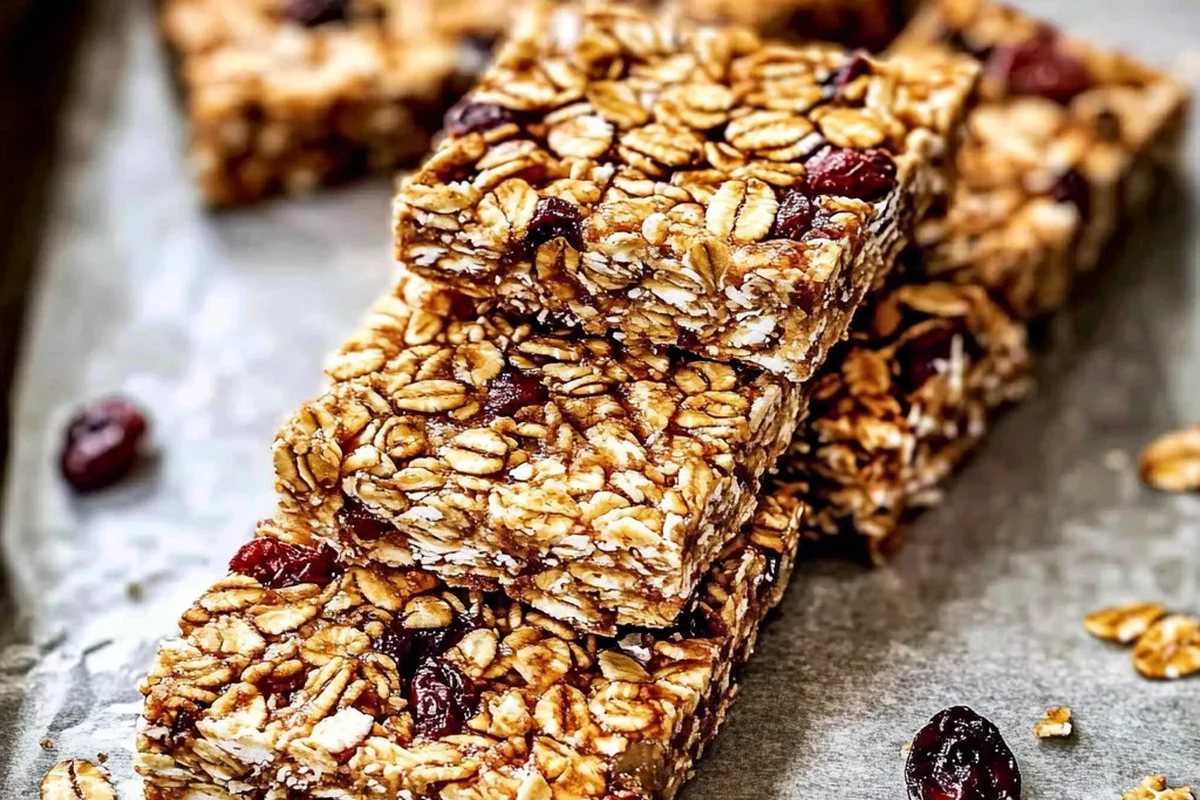 Homemade granola bars with oats, nuts, and dried fruit on a kitchen counter