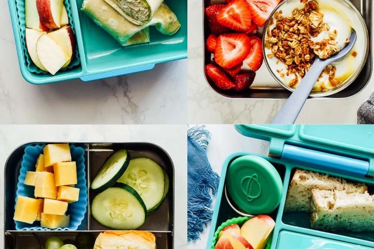 Belizean-friendly school lunch box with wrap, fruit, and snacks