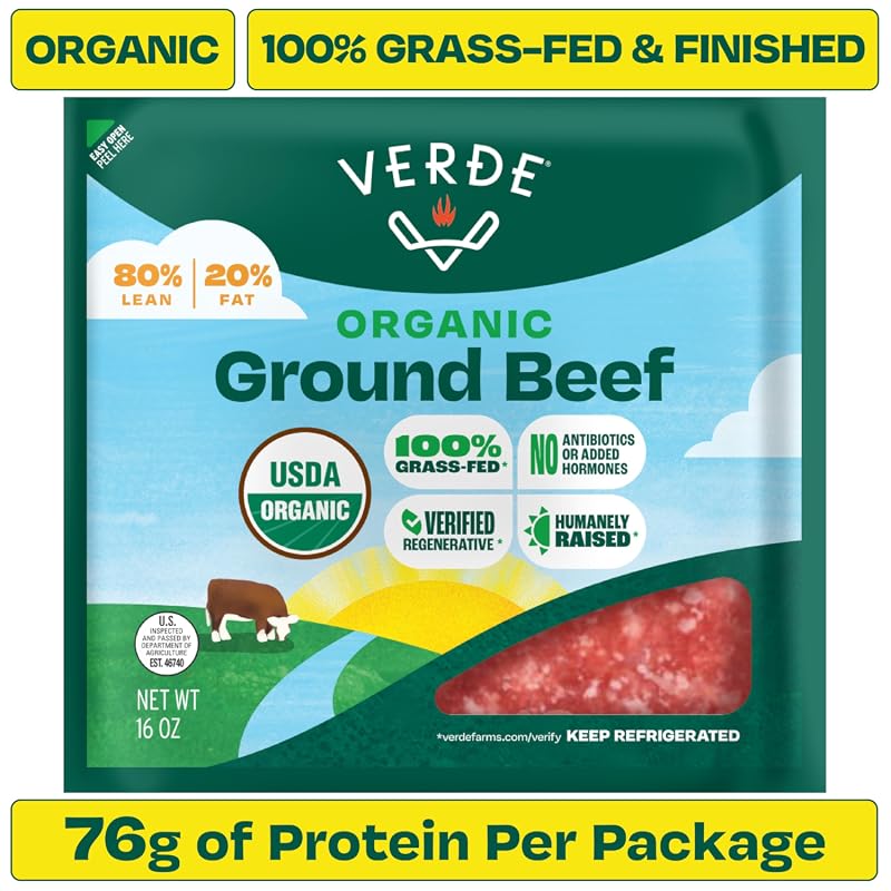 Verde Farms Organic Grass-Fed 80/20 Ground Beef, 1 lb Package for Fresh Cooking