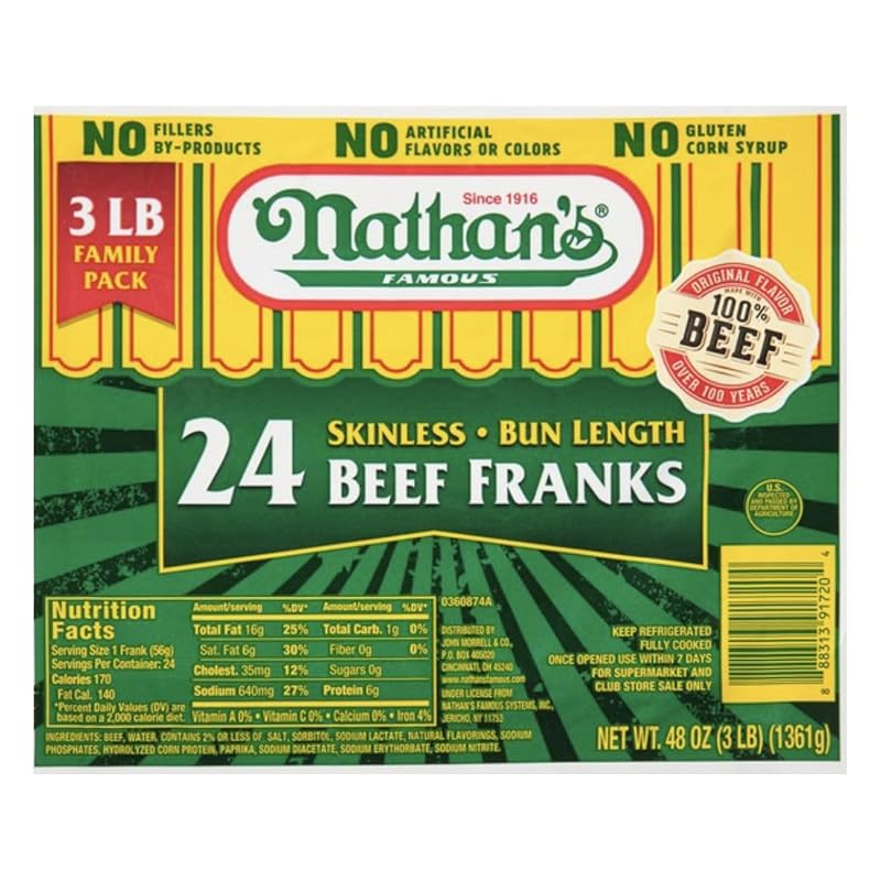 Nathan's Famous Skinless Beef Franks, 5 lb Pack for Grilling and Family Meals