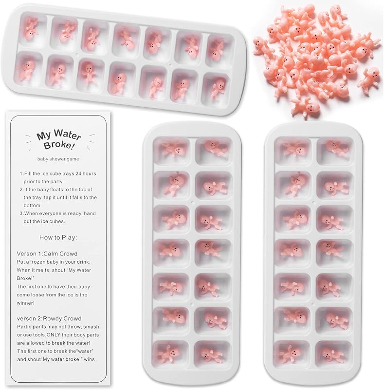 My Water Broke Baby Shower Game with 80 Mini Plastic Babies, Ice Cube Trays, and Sign