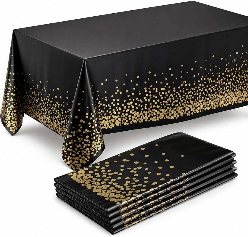 Prestee 4-Pack Gold and Black Rectangle Plastic Tablecloths, 54 x 108 Inch Disposable Party Table Covers