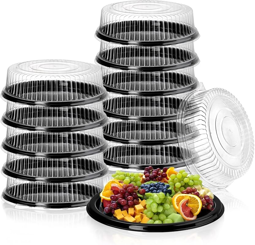 Frcctre 12 Pack 12 Inch Plastic Serving Trays with Clear Dome Lids, Stackable Round Platters for Catering