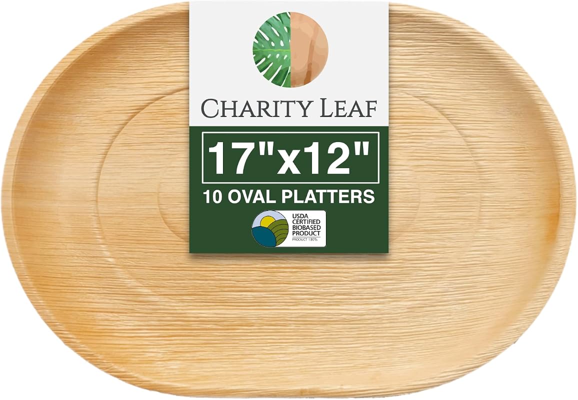 Charity Leaf 10-Pack 17 x 12 Inch Disposable Bamboo Serving Trays for Catering and Events