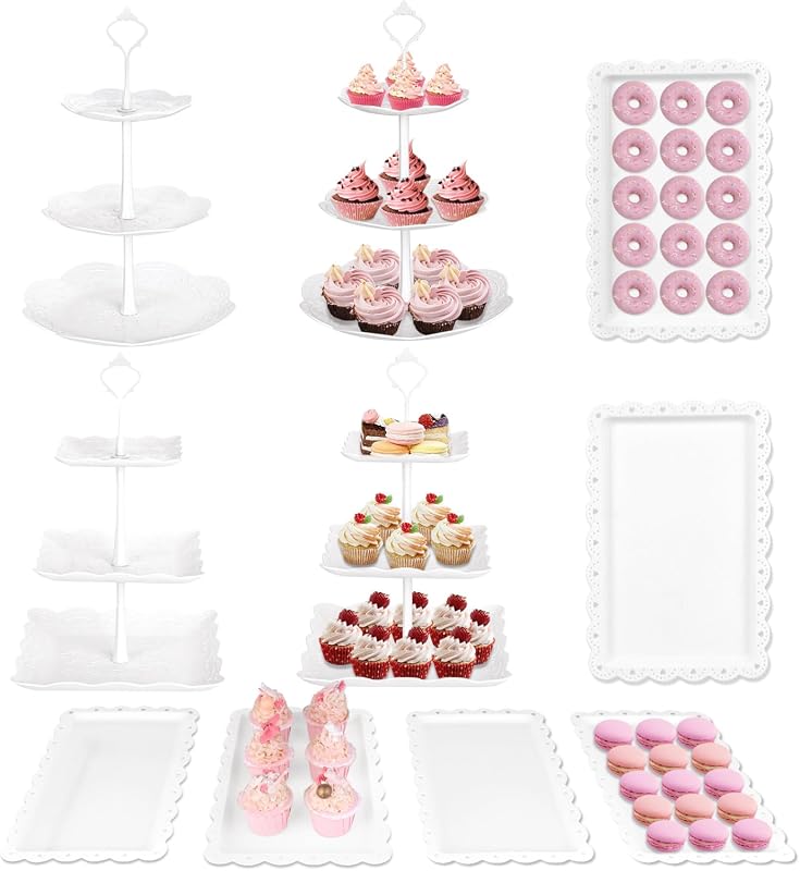 Mwellewm 10-Piece White Dessert Table Display Set with 3-Tier Cake Stand and Serving Trays