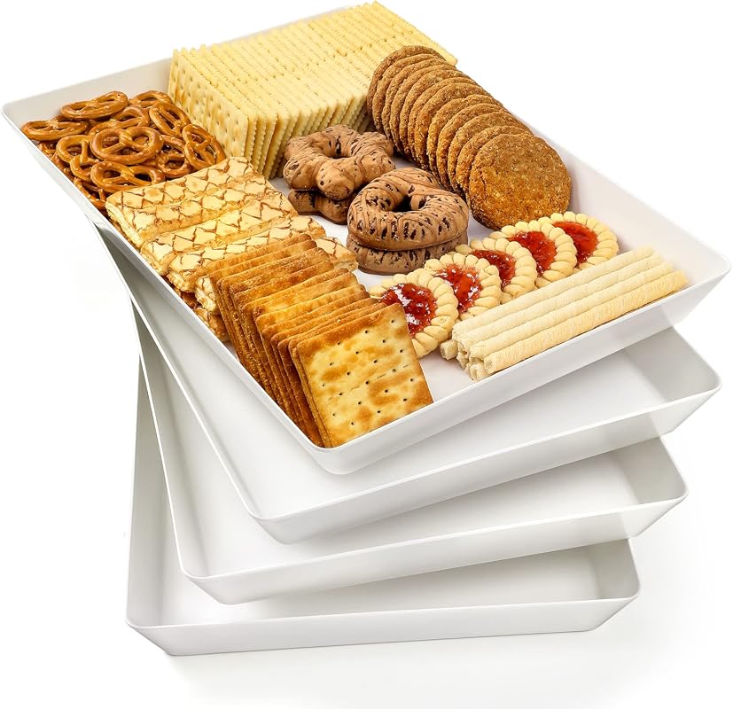 4-Pack Large 16 x 11 Inch White Plastic Serving Trays, Reusable BPA-Free Platters for Snacks and Parties