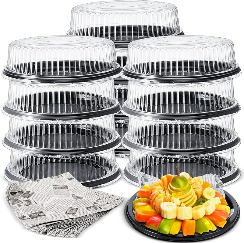 Tessco 12-Pack 12-Inch Black Serving Trays with Lids for Catering and Events