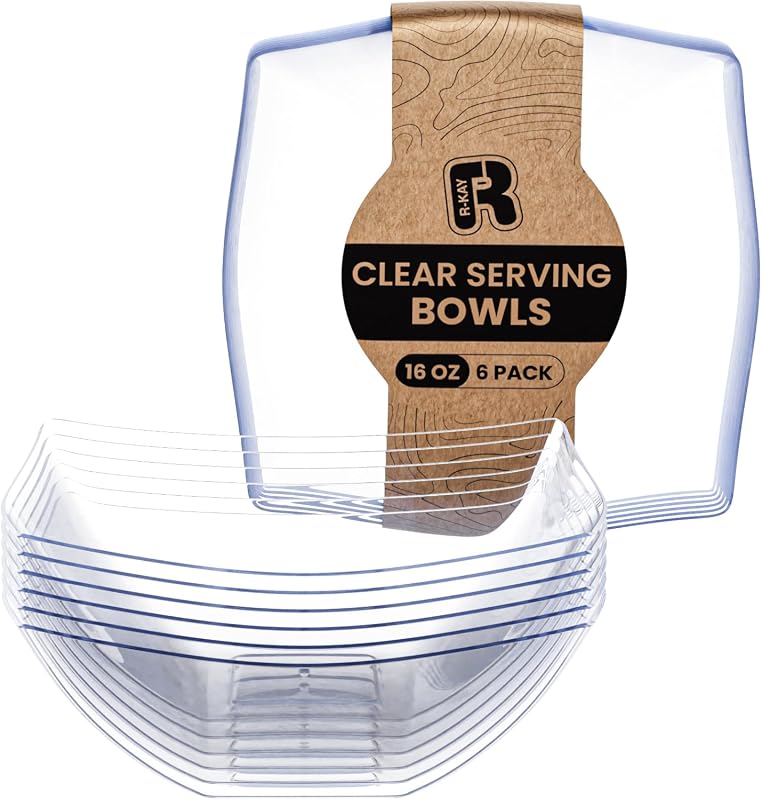 R-kay 6 Pack Clear Square Disposable Serving Bowls 16 Oz Heavy Duty