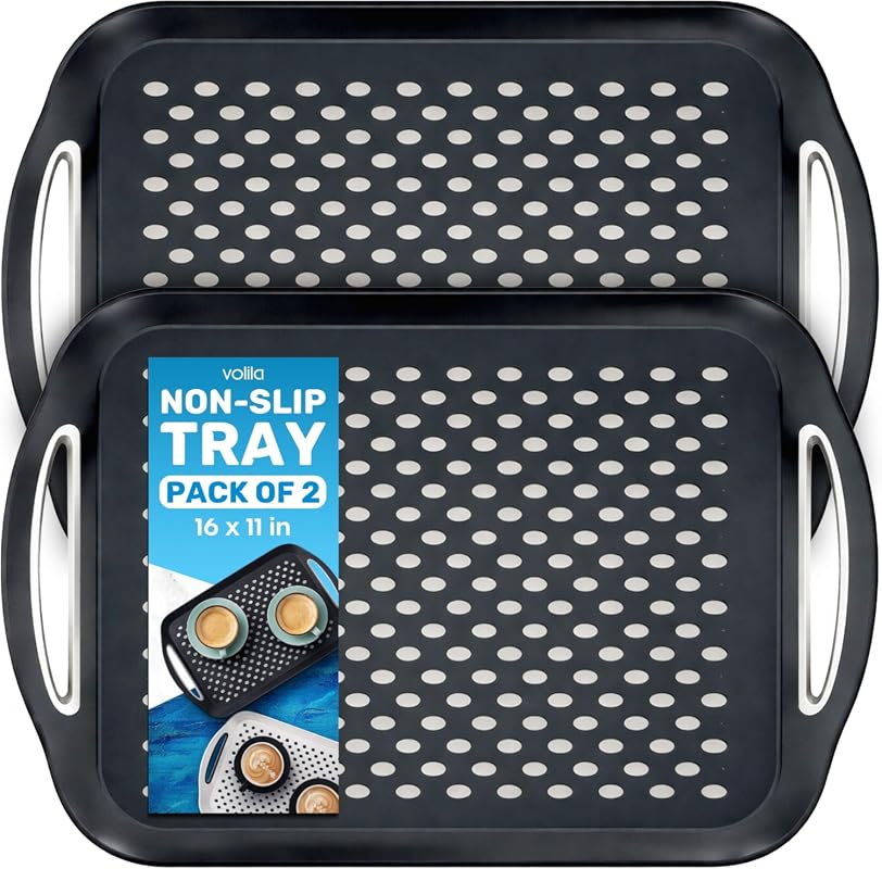2-Pack Black Non-Slip Food Trays with Handles for Couch Dining