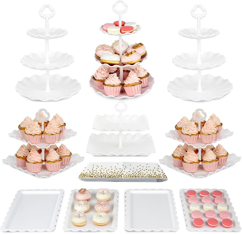 NWK 11-Piece Cake Stand Set with Cupcake Tray and Tablecloth