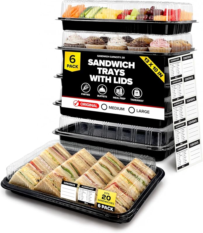 6-Pack 13-Inch Catering Trays with Clear Lids for Buffet and Events