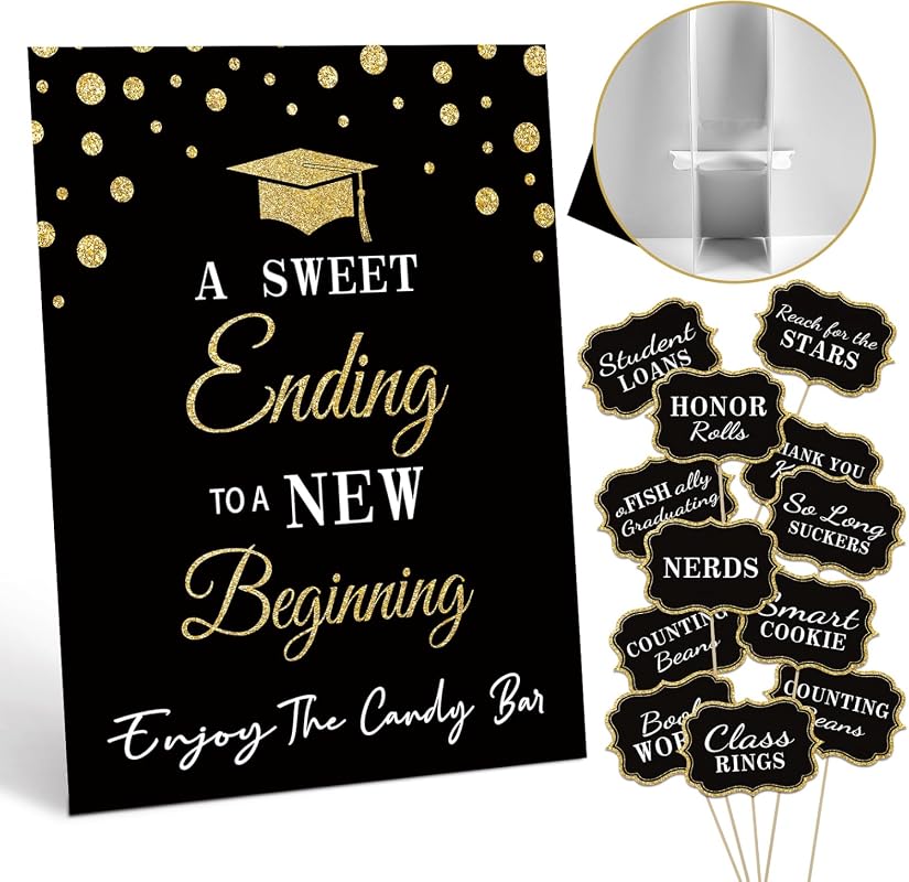Graduation Candy Buffet Labels Set for Class of 2026 Party Table Decor, Black and Gold Food Signs