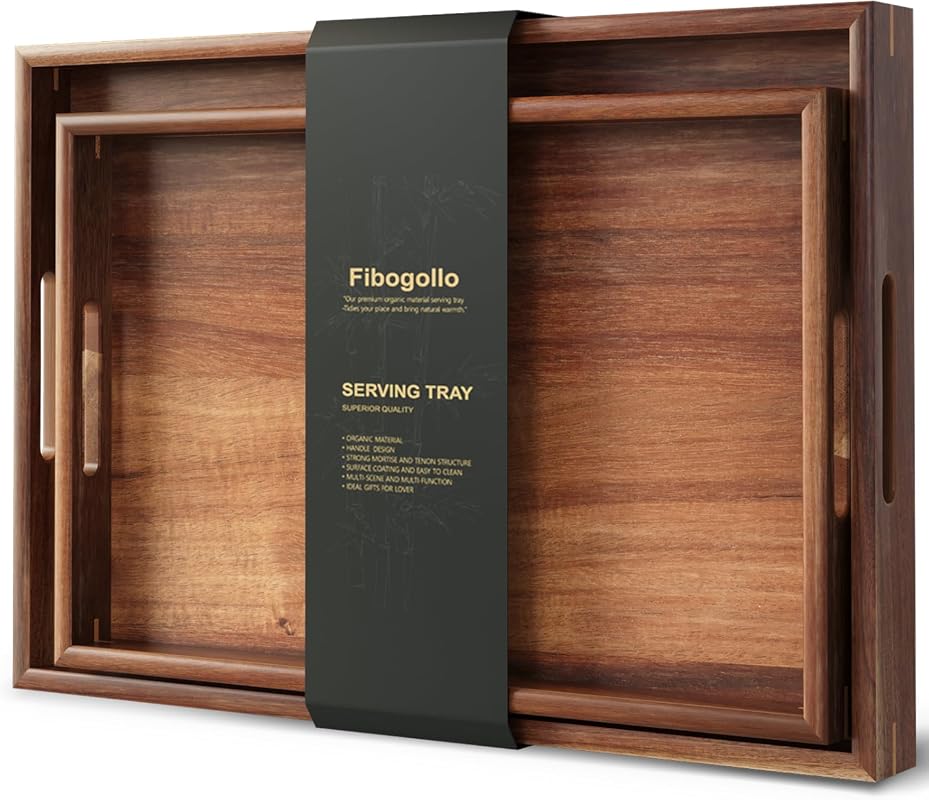 Fibogollo Acacia Wood Serving Trays with Handles, 2-Pack Decorative Platters