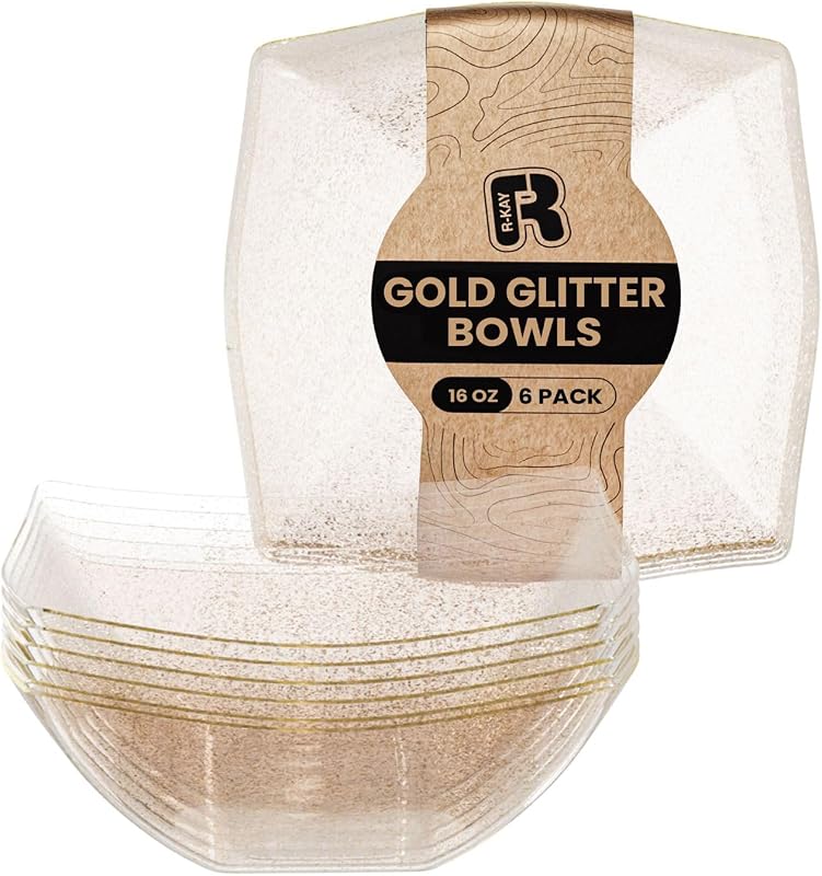 R-kay 6 Pack Gold Glitter Disposable Serving Bowls 16 Oz Heavy Duty