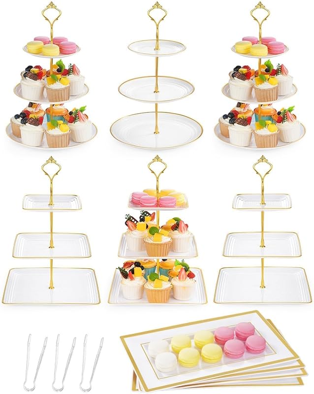 13-Piece Dessert Display Set with 3-Tier Cupcake Stands, Trays, and Tongs