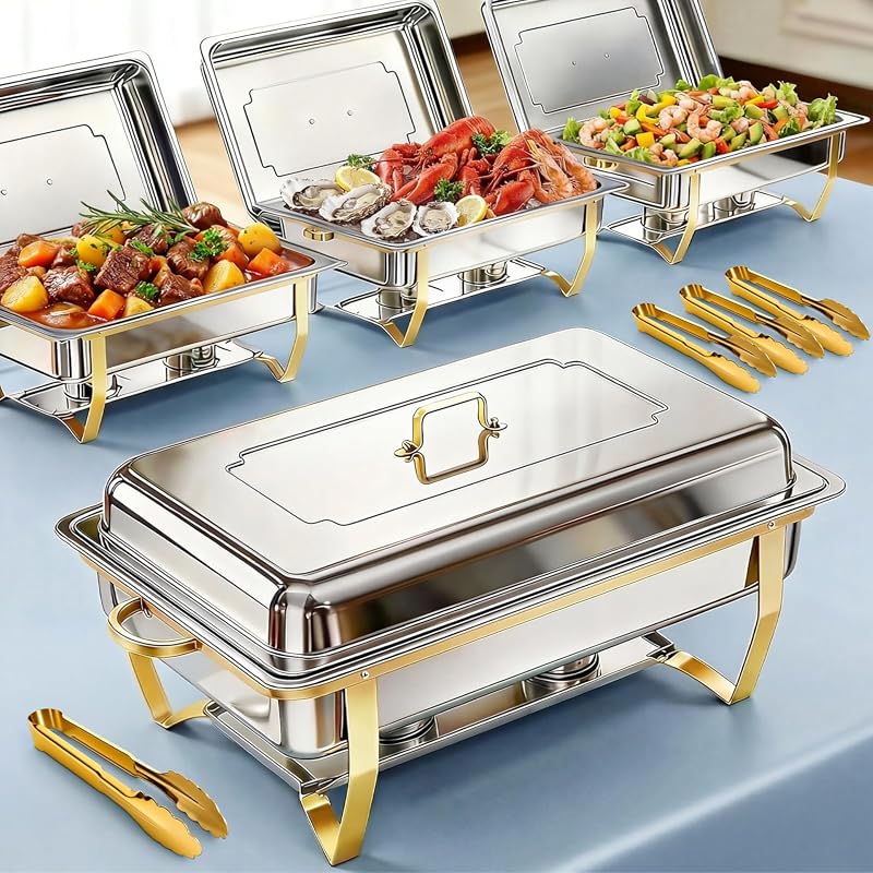 POWERFUEL 4-Pack 11-Quart Rectangular Chafing Dishes with Tongs for Buffet Catering and Events