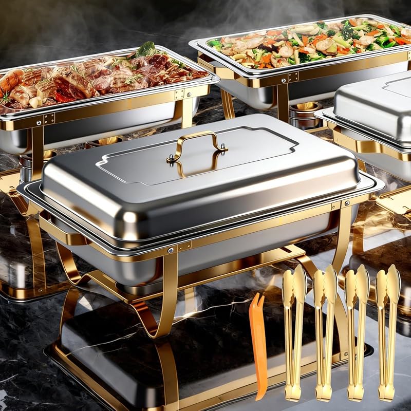 4 Pack 9 QT Rectangular Stainless Steel Chafing Dishes with Lids for Catering