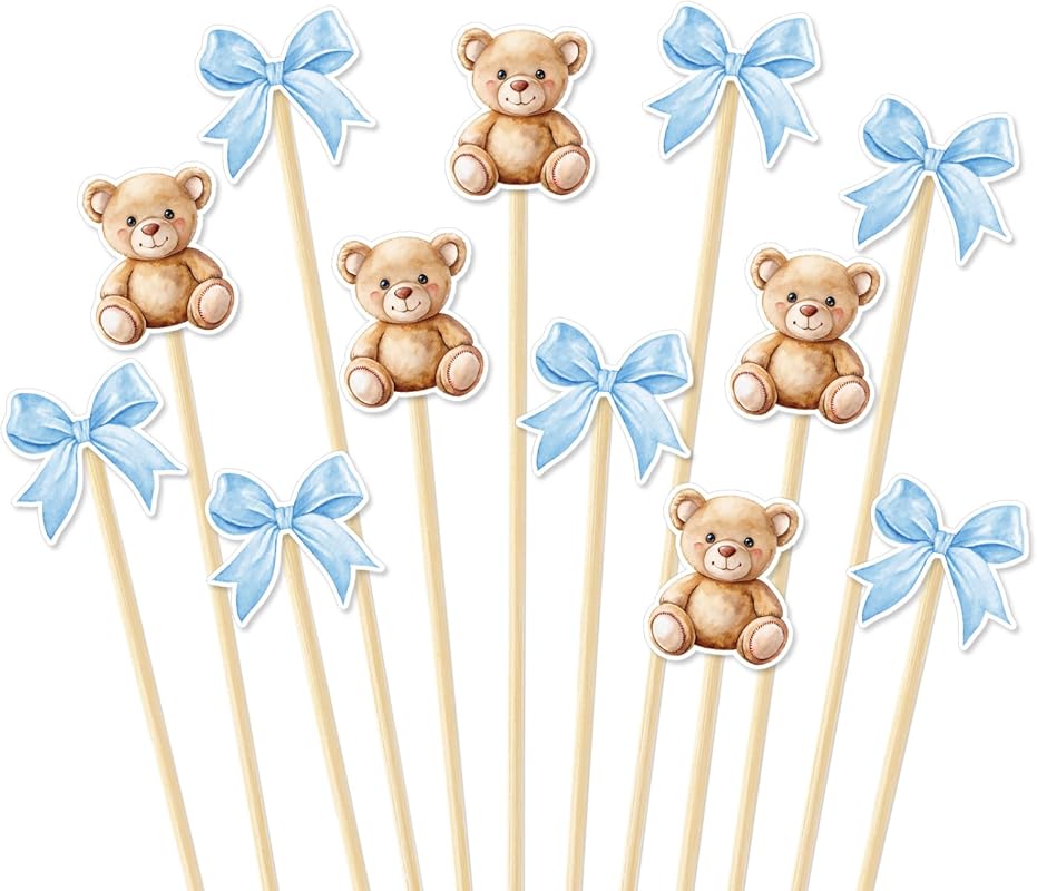 JarThenaAMCS 100 Pcs Bear Bow Cocktail Picks, Cute Appetizer Skewers for Baby Shower Decor