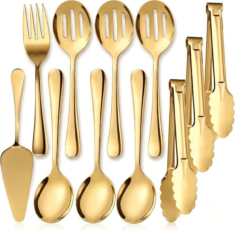 11-Piece Stainless Steel Gold Serving Utensil Set for Buffet Catering, Parties, and Chafing Dishes