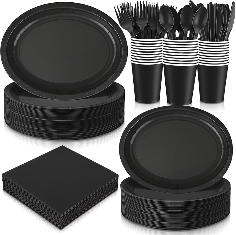 Pajean 175-Piece Black Disposable Oval Plates Party Tableware Set, 12-Inch