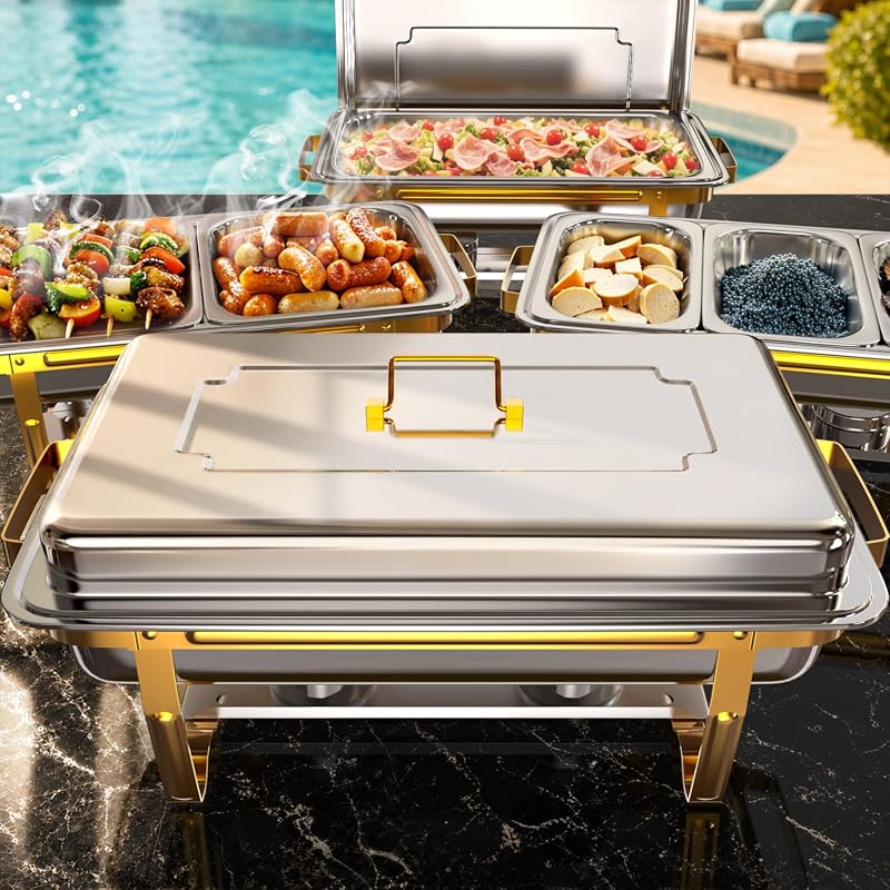 Sifer 4 Pack 11Qt Gold Chafing Dishes with Multi-Size Pans for Buffet